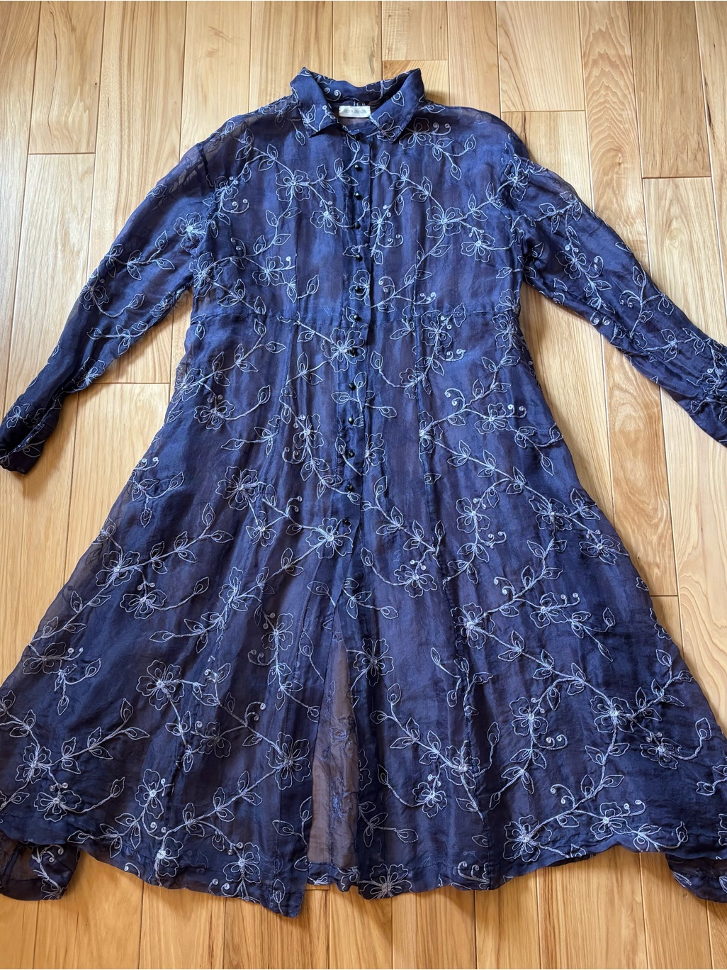 Krista Larson Silk Embroidered Purple Button Front Lagenlook Boho Duster Jacket